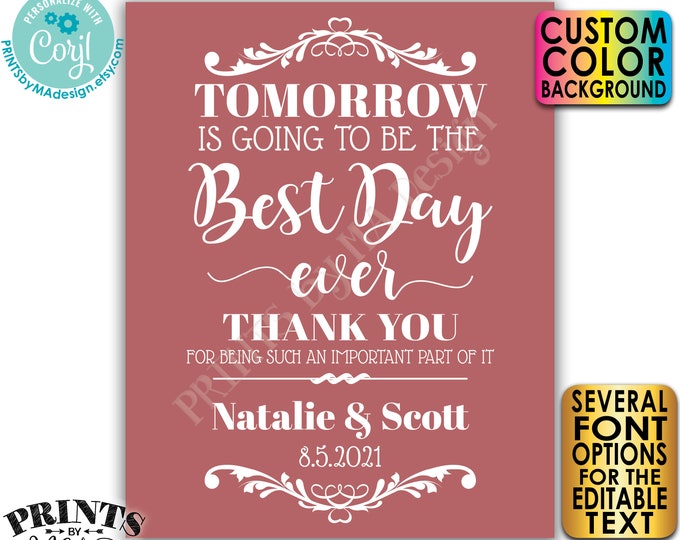 Editable Rehearsal Dinner Sign, Tomorrow is Going to Be the Best Day Ever, Color Background, PRINTABLE 16x20” Sign <Edit Yourself w/Corjl>