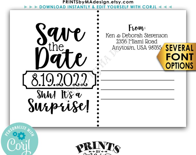 Save the Date Postcard for a SURPRISE Celebration, Back Side of Invitation, Custom PRINTABLE 4x6" Save the Date <Edit Yourself with Corjl>