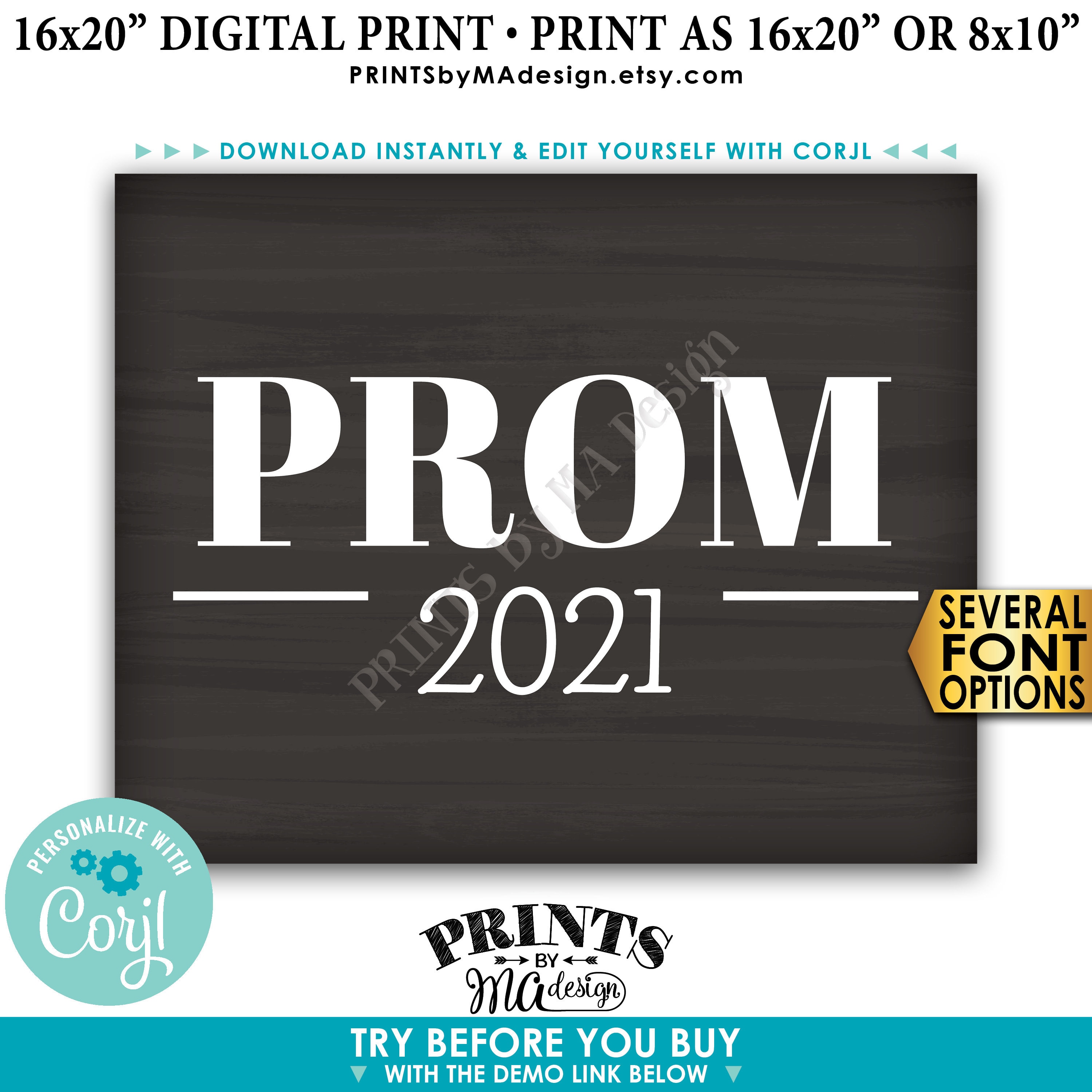 Prom Sign, High School Prom Decorations, Custom Year, PRINTABLE 8x10/16x20” Chalkboard Style ...