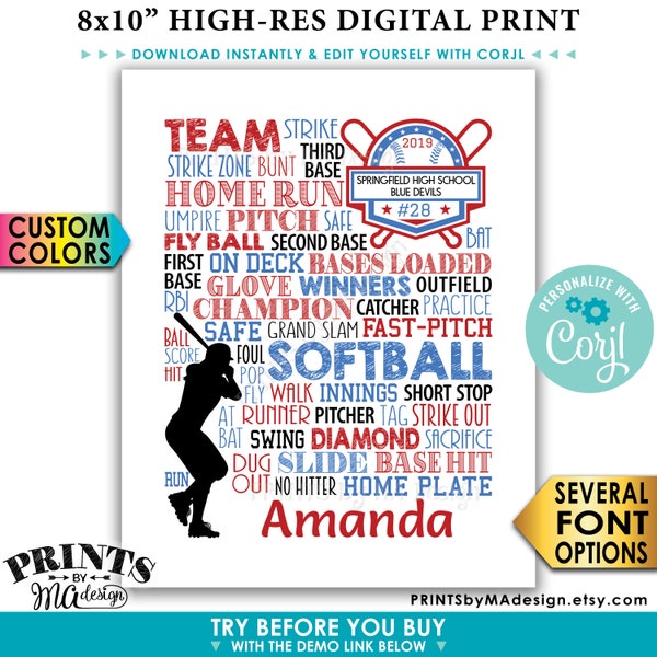 Personalized Softball Sign, Gift for Seniors, Senior Year Graduation Party Gift for Girls, PRINTABLE 8x10" Sign <Edit Yourself with Corjl>