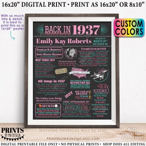 Back in 1937 Birthday Poster Board, Flashback to 1937 Birthday Decoration, B-day Gift, Custom PRINTABLE 16x20” 1937 Sign