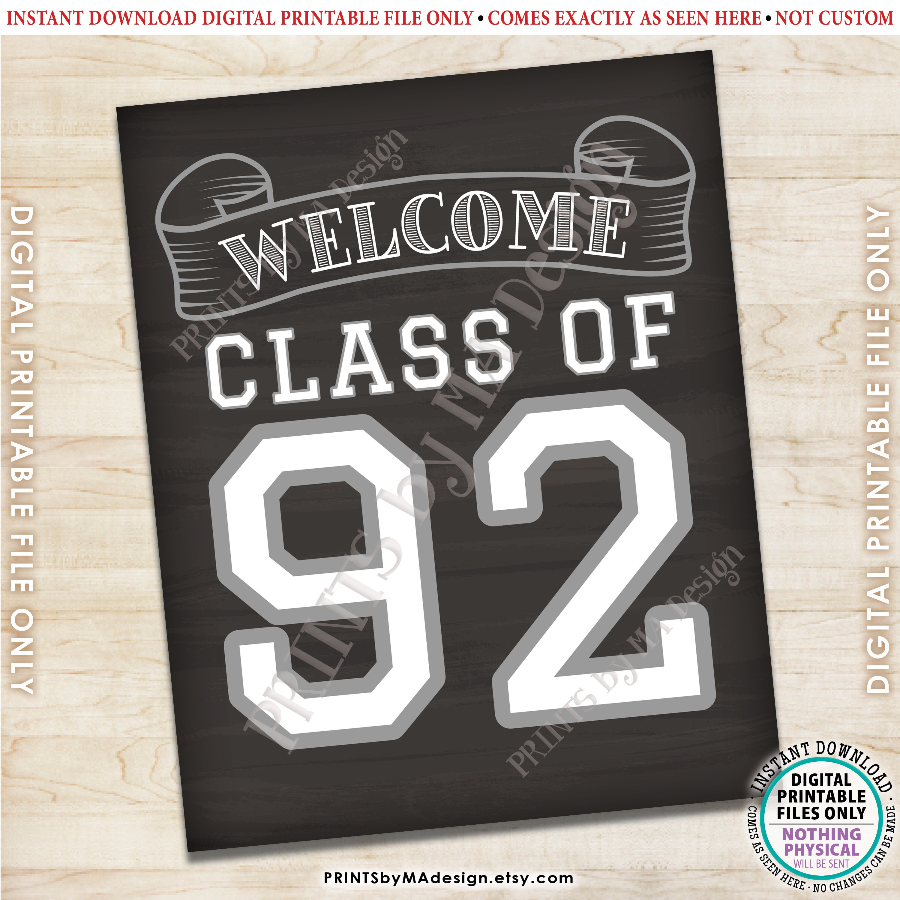 Class of 1992 Sign, Welcome Class of '92 Reunion Decoration, Chalkboard Style PRINTABLE 8x10 ...