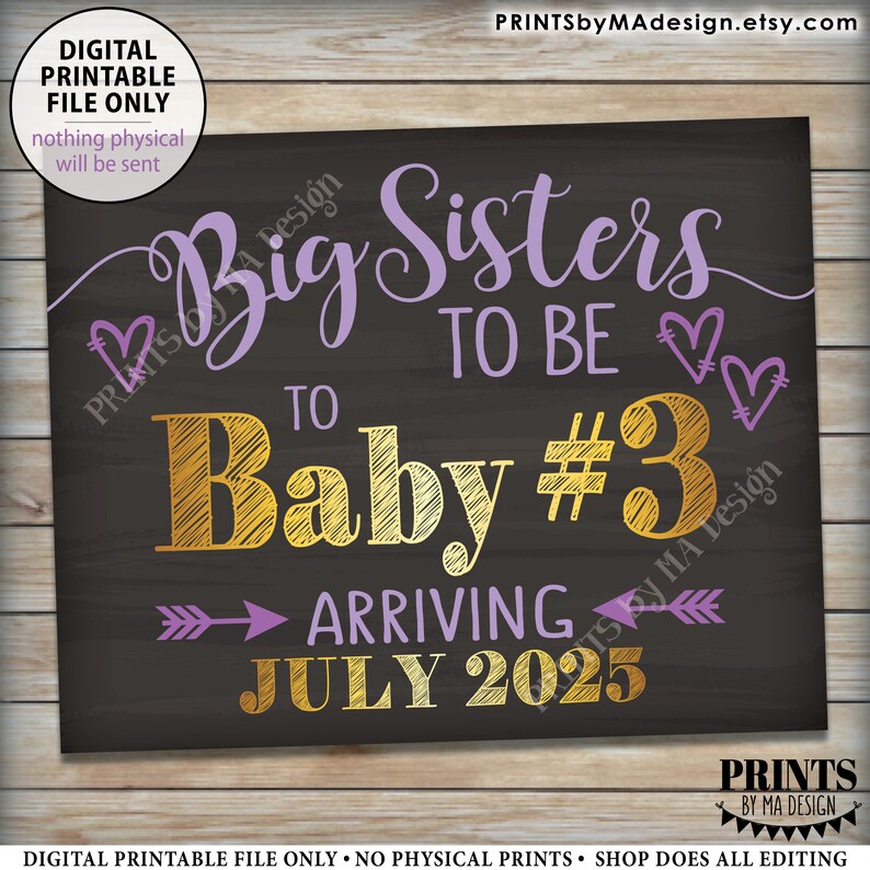 Baby 3 Pregnancy Announcement, Big Sisters to 3rd Baby Number 3 Photo Prop Third, Custom Colors PRINTABLE 8x10/16x20 Chalkboard Style Sign image 2