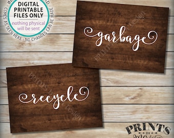 Garbage and Recyclable Signs, Trash & Recycling, Party Clean Up the Mess, 2 PRINTABLE 5x7” Rustic Wood Style Signs <ID>