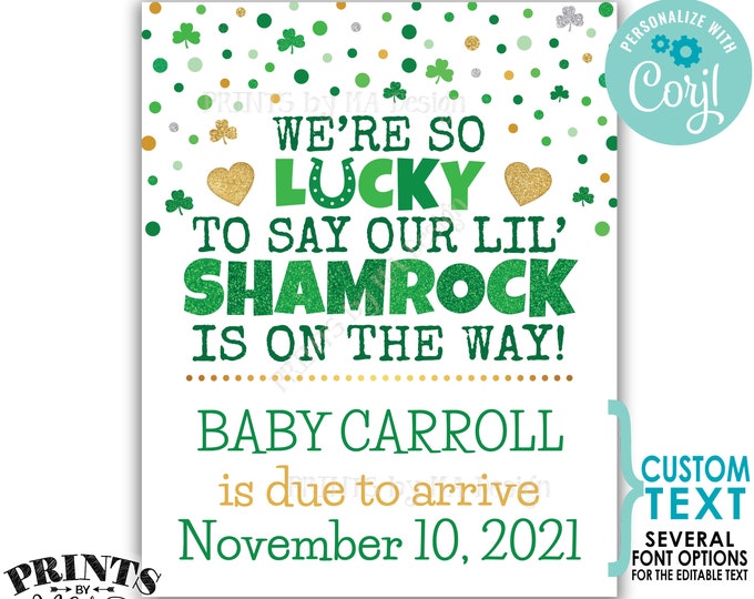 St Patrick's Day Pregnancy Announcement, Lucky to say our lil' Shamrock is on the Way, PRINTABLE 8x10/16x20” Sign <Edit Yourself w/Corjl>