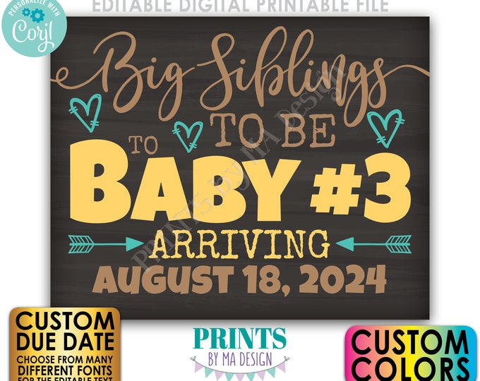 Baby #3 Pregnancy Announcement, Big Siblings to Be to Baby Number 3, PRINTABLE 8x10/16x20” Chalkboard Style Sign <Edit Yourself w/Corjl>