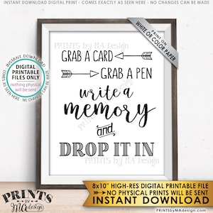 Write a Memory, Grab a Card Grab a Pen Drop it In, Birthday Party, Graduation Memories, Retirement, Bon Voyage, PRINTABLE 8x10 Sign ID image 1