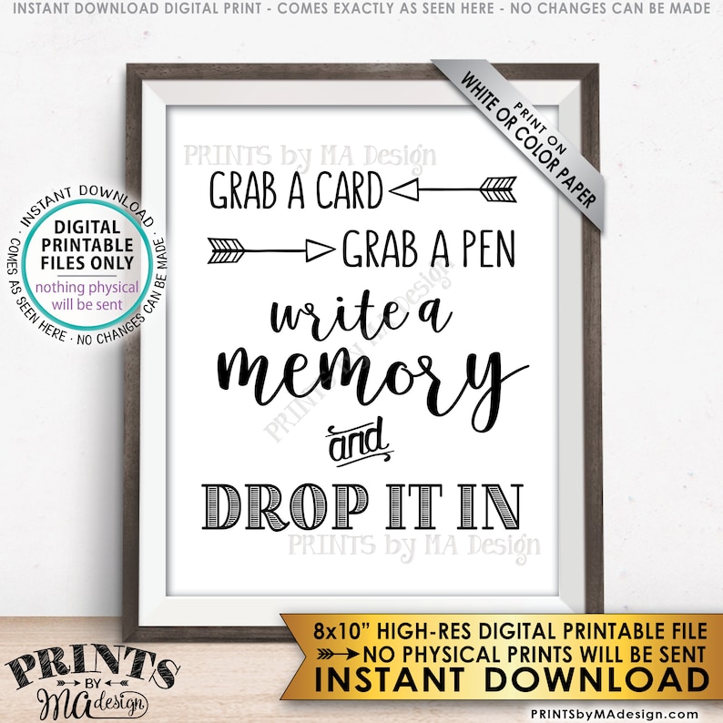 Write a Memory, Grab a Card Grab a Pen Drop it In, Birthday Party, Graduation Memories, Retirement, Bon Voyage, PRINTABLE 8x10 Sign ID image 1