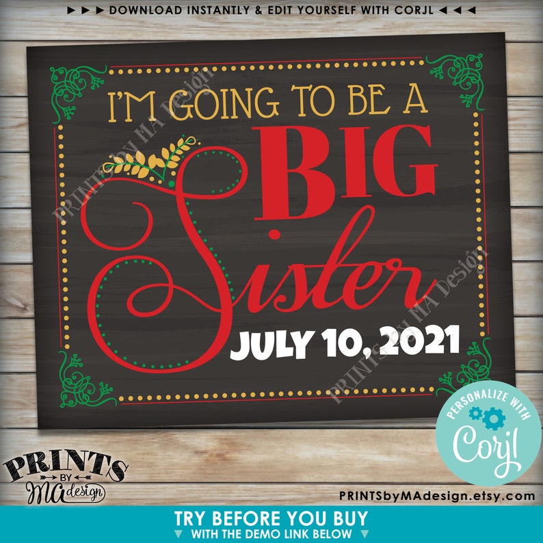PRINTABLE Chalkboard Style Baby #2 Sign I/'m going to be a Big Sister Pregnancy Announcement Sign Baby Number 2