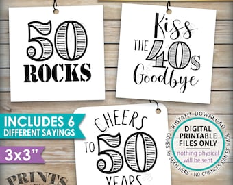 50th Birthday Party Candy Signs, Candy Bar, 50 Sucks Blows Rocks, Kiss 40s Goodbye, B-day, Square 3x3" tags on PRINTABLE 8.5x11" Sheet <ID>