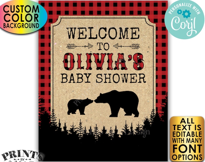 Lumberjack Baby Shower Sign, Custom Name & Color PRINTABLE 8x10/16x20” Black Checker Welcome Sign <Edit Yourself with Corjl>