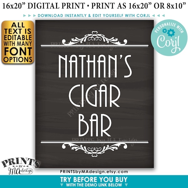 Cigar Bar Sign, Editable Bar Sign, Custom PRINTABLE 8x10/16x20” Chalkboard Style Sign, Man Cave Decoration <Edit Yourself with Corjl>