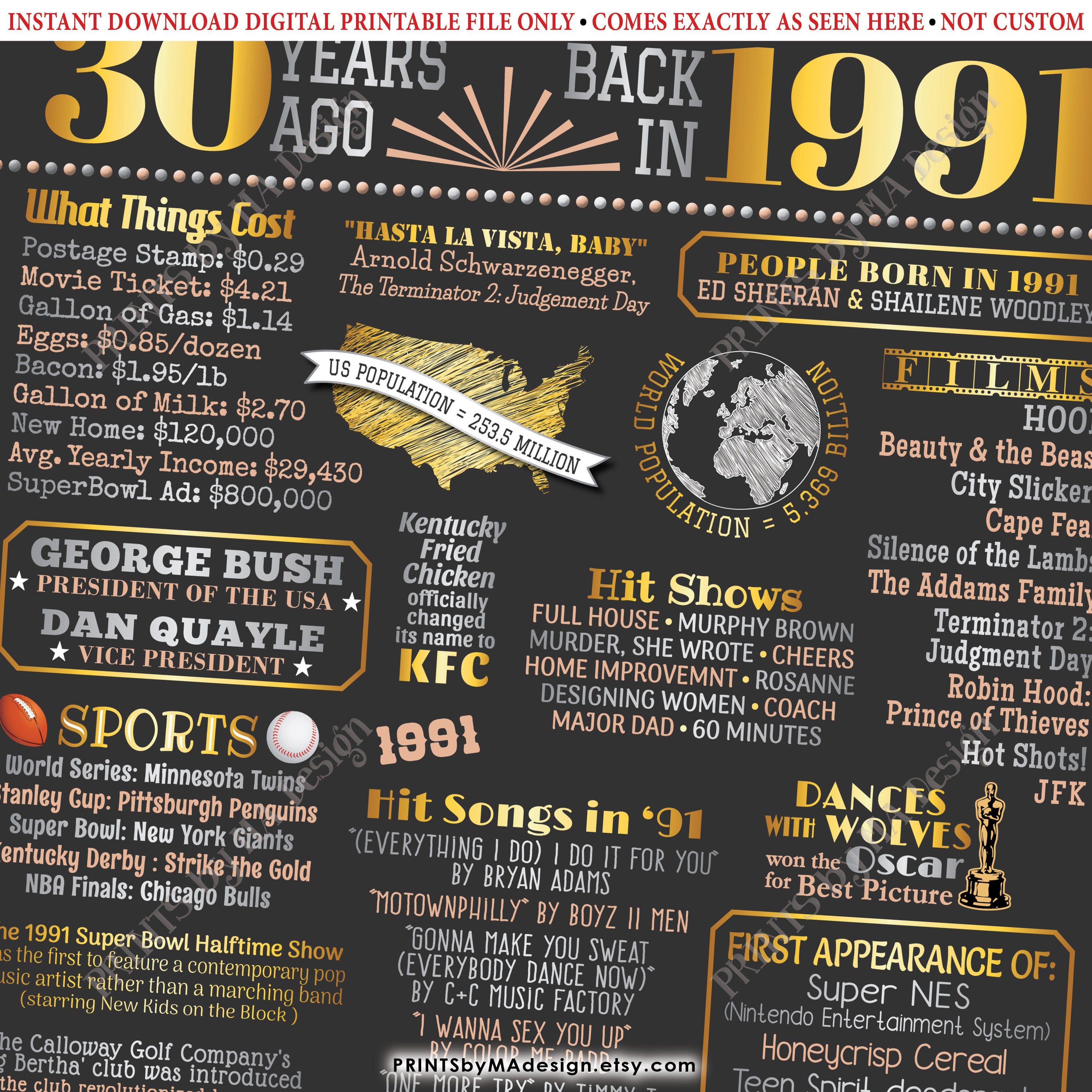 30th Birthday Poster Board, Born in the Year 1991 Flashback 30 Years Ago Bday Gift, PRINTABLE 30th Birthday Poster Board, Born in the Year 1991 Flashback 30 Years Ago Bday Gift, PRINTABLE
