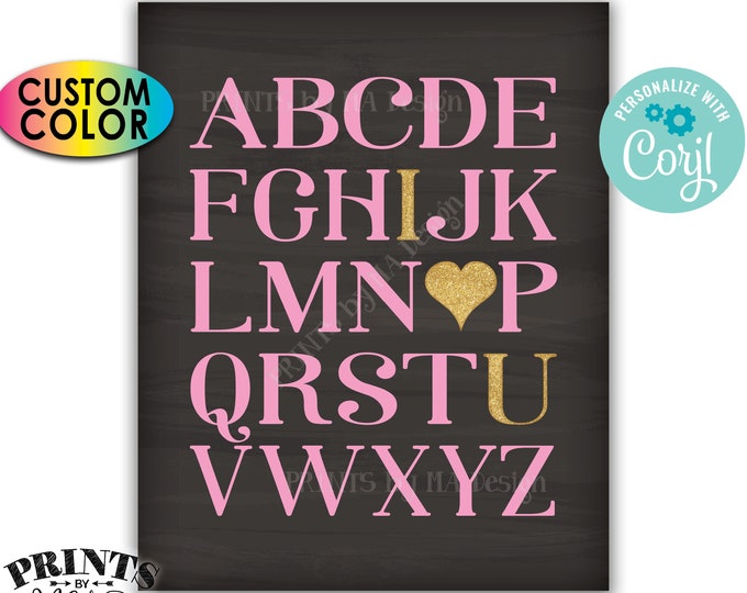 Alphabet I Love You Sign, ABC Playroom Wall Art, Nursery Decor, Gold Glitter, PRINTABLE Chalkboard Style Sign <Edit Yourself with Corjl>