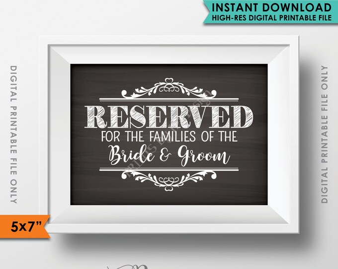 Reserved Sign, Reserved for the Families of the Bride and Groom, Saved Seating Reserved Section, Chalkboard, 5x7" Instant Download Printable