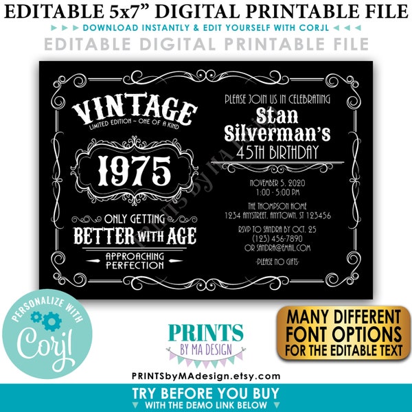 Vintage Birthday Party Invitation, Better with Age Bday Invite, Whiskey Liquor, Black PRINTABLE 5x7” Landscape File <Edit Yourself w/Corjl>