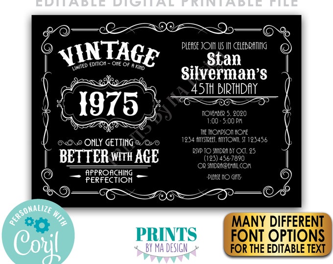 Vintage Birthday Party Invitation, Better with Age Bday Invite, Whiskey Liquor, Black PRINTABLE 5x7” Landscape File <Edit Yourself w/Corjl>