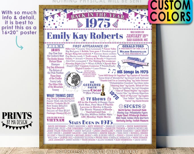 Back in the Year 1975 Birthday Sign, Flashback to 1975 Poster Board, Custom PRINTABLE 16x20” B-day Decoration, 1975 Birthday Gift