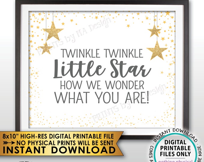 Twinkle Twinkle Little Star Baby Shower Decor, How We Wonder What You Are Gender Reveal, Gray & Gold Glitter PRINTABLE 8x10” Stars Sign <ID>