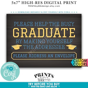 Graduation Party Adresse ein Umschlag-Schild, Helfen Sie dem beschäftigten Absolvent, DRUCKBARE 12 x 7 Zoll Tafel-Stil-Zeichen <Bearbeiten Sie sich mit Corjl>