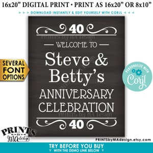 K&ouml;nnte beinhalten: Ein schwarz-wei&szlig;es druckbares Schild f&uuml;r eine 40. Jubil&auml;umsfeier. Das Schild lautet "Willkommen zu Steve & Betty's Anniversary Celebration" mit einem dekorativen Schn&ouml;rkel und der Zahl 40. Das Schild ist so konzipiert, dass es mit Corjl personalisiert werden kann.
