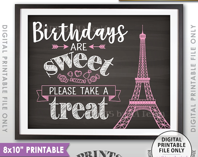 Birthdays are Sweet Please Take a Treat Paris Theme Birthday Eiffel Tower Candy Bar, Paris Candy, Chalkboard Style PRINTABLE 8x10” Sign <ID>