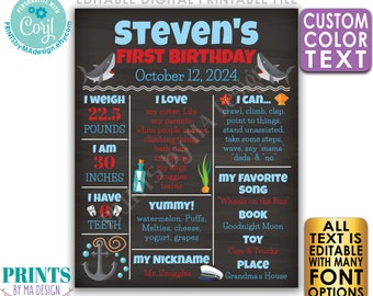 Shark First Birthday Poster, Editable 1st B-day Stats Sign, Nautical Sailor, Custom PRINTABLE Chalkboard Style Sign <Edit Yourself w/Corjl>