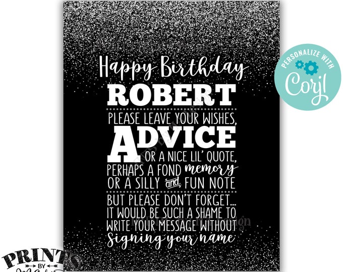 Please Leave Your Advice Wish Memory Message, Birthday Party PRINTABLE 8x10” Black & Silver Glitter B-day Sign <Edit Yourself with Corjl>