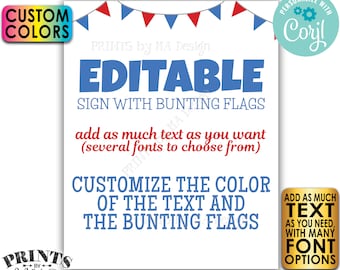 Editable Bunting Flags Sign, Choose Your Text, Custom Colors, One PRINTABLE 8x10/16x20” Portrait Sign <Edit Yourself w/Corjl>