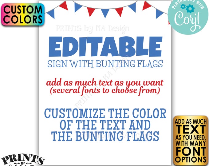 Editable Bunting Flags Sign, Choose Your Text, Custom Colors, One PRINTABLE 8x10/16x20” Portrait Sign <Edit Yourself w/Corjl>