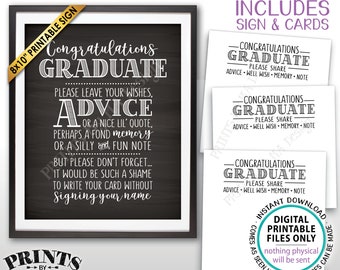 Graduation Advice, Congratulations Graduate Wishes, Memory, PRINTABLE Grad Party 8x10" Chalkboard Style Sign & 8.5x11" Sheet of Cards <ID>