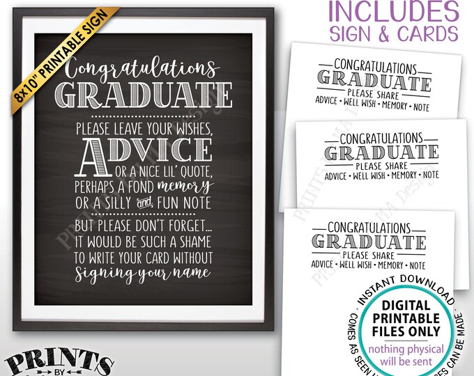 Graduation Advice, Congratulations Graduate Wishes, Memory, PRINTABLE Grad Party 8x10" Chalkboard Style Sign & 8.5x11" Sheet of Cards <ID>