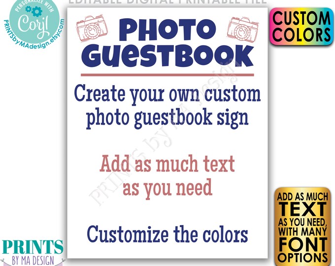 Editable Camera Sign, Selfie Station, Hashtag, Photo Guestbook, Photo Booth, Custom PRINTABLE 8x10/16x20” Sign <Edit Yourself with Corjl>