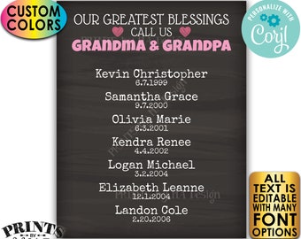 Our Greatest Blessings Grandparent Gift, Grandma Grandpa, Grandkids, PRINTABLE Chalkboard Style Grandchildren Sign <Edit Yourself w/Corjl>