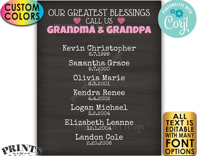 Our Greatest Blessings Grandparent Gift, Grandma Grandpa, Grandkids, PRINTABLE Chalkboard Style Grandchildren Sign <Edit Yourself w/Corjl>