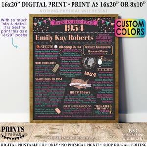 Back in the Year 1954 Birthday Sign, Flashback to 1954 Poster Board, 1954 Birthday Gift, Custom PRINTABLE 16x20” B-day Decoration