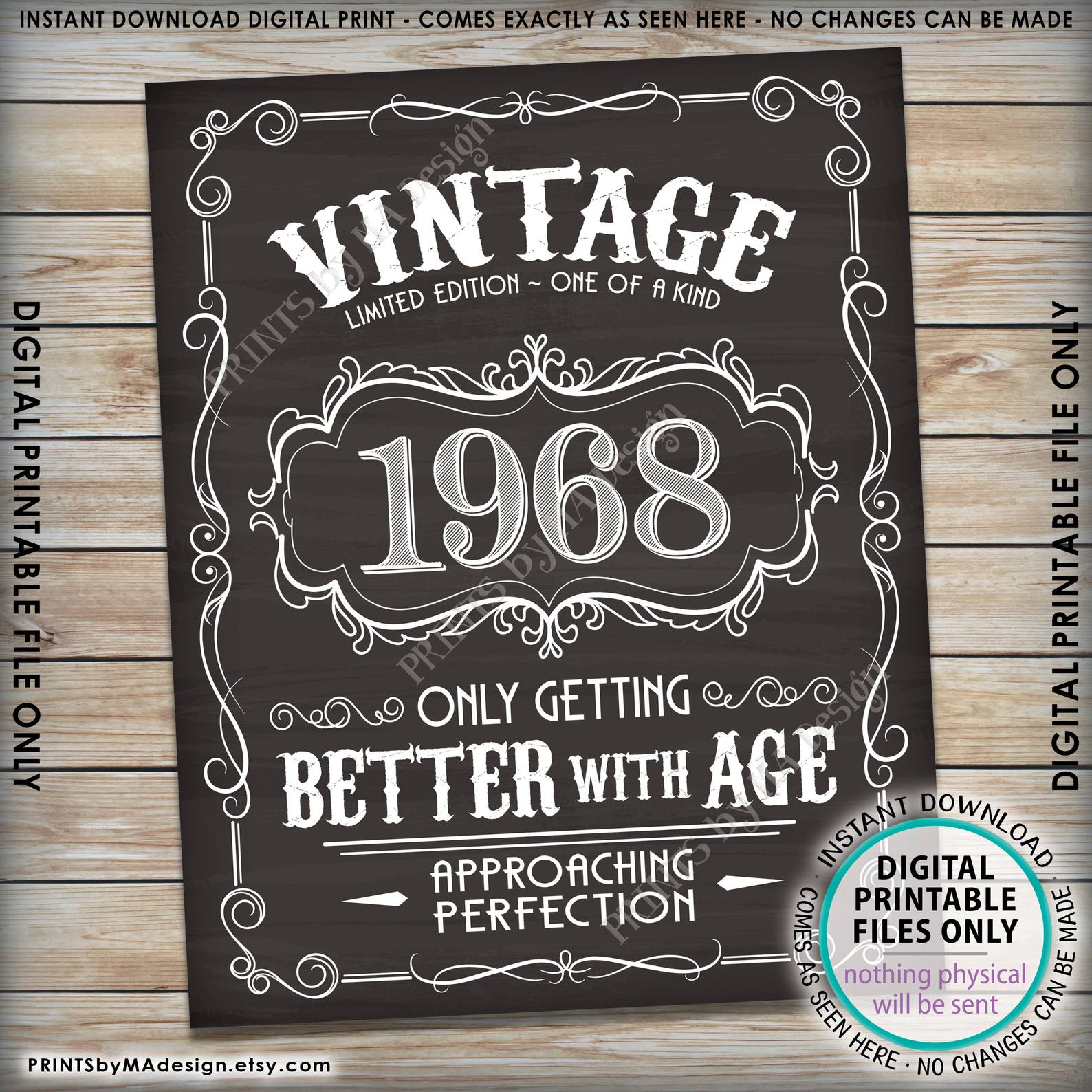 1968 Birthday Sign, Better With Age Vintage Birthday Poster Aged to ...