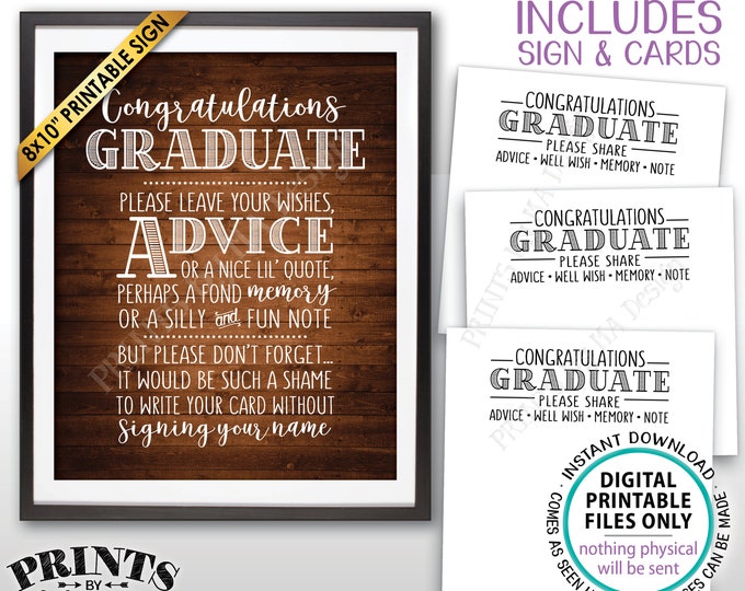 Graduation Advice, Congratulations Graduate Wishes, Memory, PRINTABLE Grad Party 8x10" Rustic Wood Style Sign & 8.5x11" Sheet of Cards <ID>