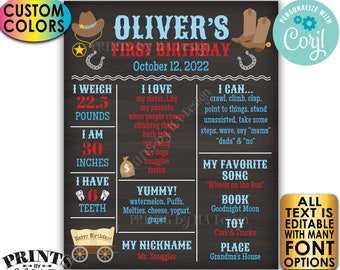 Cowboy First Birthday Board, Personalized Milestones Poster, Custom PRINTABLE Chalkboard Style 1st B-day Stats Sign <Edit Yourself w/Corjl>