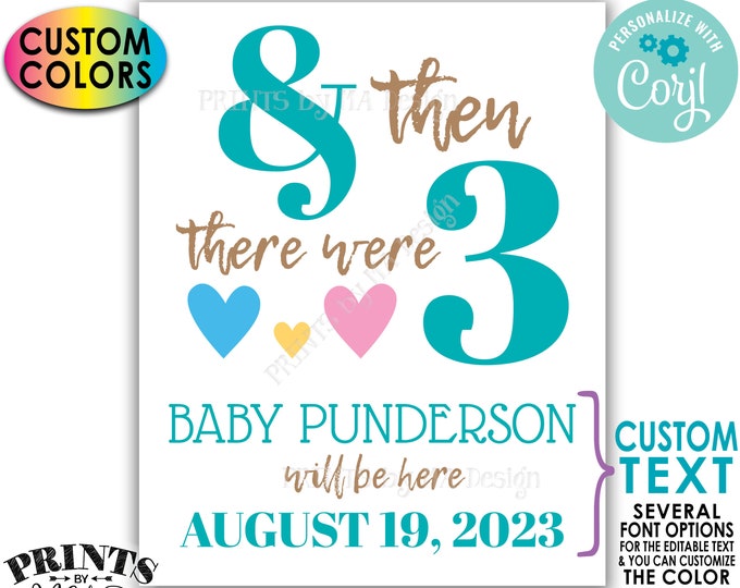 Custom Pregnancy Announcement & Then There Were Three Hearts, PRINTABLE 8x10/16x20” Sign, Valentine's Day <Edit Yourself with Corjl>