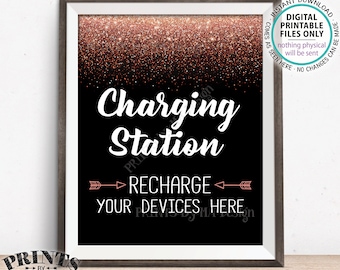 Charging Station Sign, Recharge Your Devices Here Phone Charger Recharge Charge Bar, Wedding, Black & Rose Gold Glitter PRINTABLE Sign <ID>