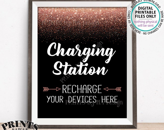 Charging Station Sign, Recharge Your Devices Here Phone Charger Recharge Charge Bar, Wedding, Black & Rose Gold Glitter PRINTABLE Sign <ID>