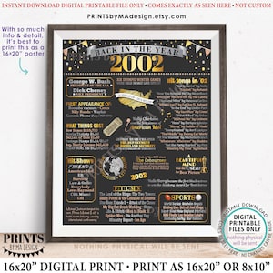 Cartel con el lema "Regreso al año 2002", cartel con el lema "Recuerdo el año 2002", retrospectiva a la historia de los EE. UU. de 2002, cartel IMPRIMIBLE de 16 x 20" <ID>
