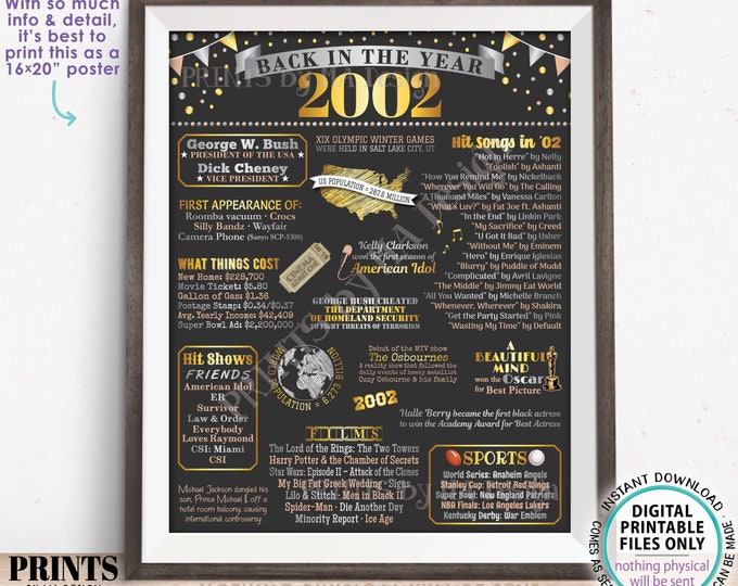 Back in the Year 2002 Poster Board, Remember 2002 Sign, Flashback to 2002 USA History from 2002, PRINTABLE 16x20” Sign <ID>