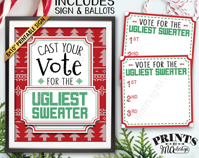 Ugly Christmas Sweater Party Voting Sign and Ballots, Vote for the Ugliest Sweater, Tacky Sweater Party, PRINTABLE Sign and Ballots <ID>