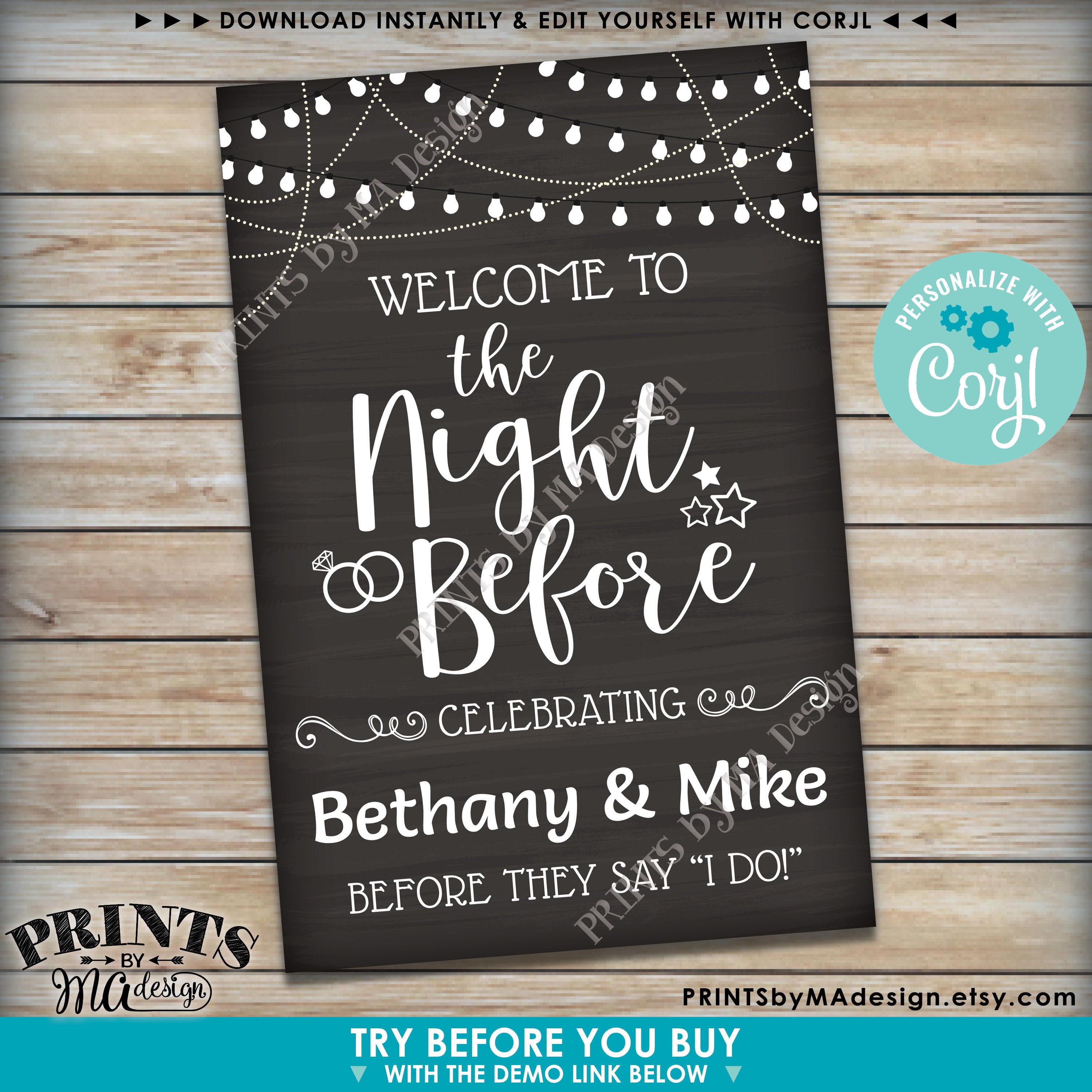 Rehearsal Dinner Sign, Welcome to the Night Before Sign, Custom PRINTABLE 24x36 Chalkboard Style