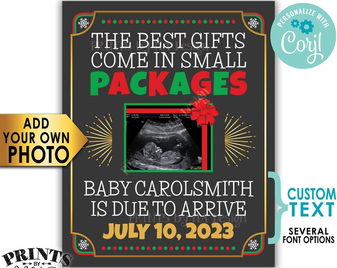 Christmas Pregnancy Announcement with Ultrasound Photo, Best Gifts come in Small Packages, PRINTABLE Xmas Sign <Edit Yourself with Corjl>