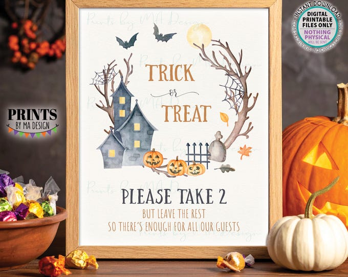Please Take 2 Treats Sign, Trick-Or-Treat, Pass Out Candy, Happy Halloween, Watercolor Style Wreath, PRINTABLE 8x10/16x20” Sign <ID>