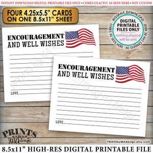 Military Encouragement and Well Wishes Card, Boot Camp Send Off, American Flag, Four 4.25x5.5" Cards on a PRINTABLE 8.5x11" Sheet <ID>