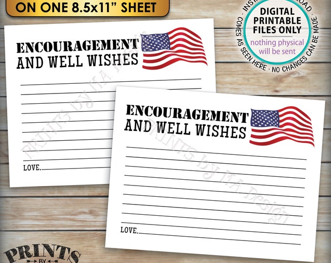 Military Encouragement and Well Wishes Card, Boot Camp Send Off, American Flag, Four 4.25x5.5" Cards on a PRINTABLE 8.5x11" Sheet <ID>